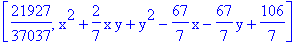 [21927/37037, x^2+2/7*x*y+y^2-67/7*x-67/7*y+106/7]